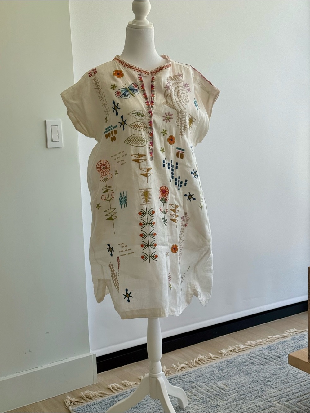 Johnny Was Embroidered Ivory Tunic Dress Butterfly Floral Boho Medium size